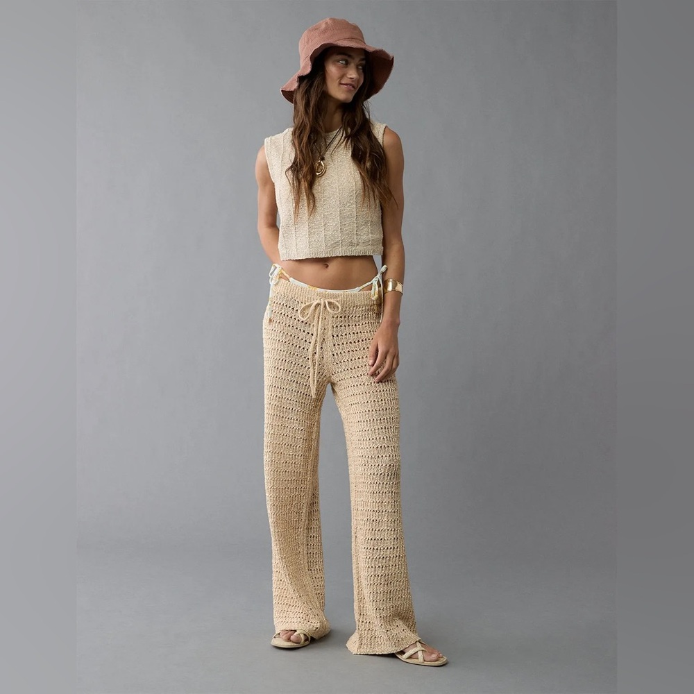American Eagle Neutral 100% Cotton Crochet Knit Oatmeal Vacay Swim Cover Pant